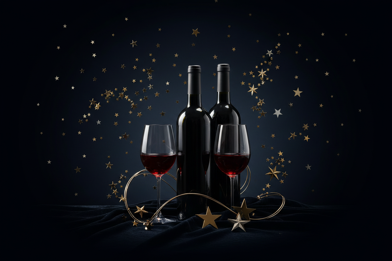 wine sales with stars, dark background. 1200x1200 image. no text