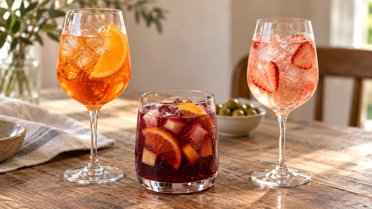 Tres cócteles con vino: sangría tinta, Aperol Spritz y spritz de rosado.