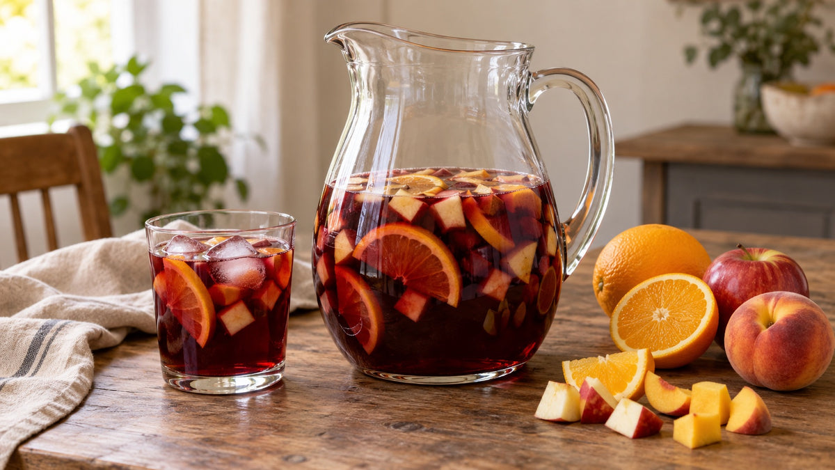Jarra y vaso de sangría tinta con naranja, manzana, durazno y hielo.