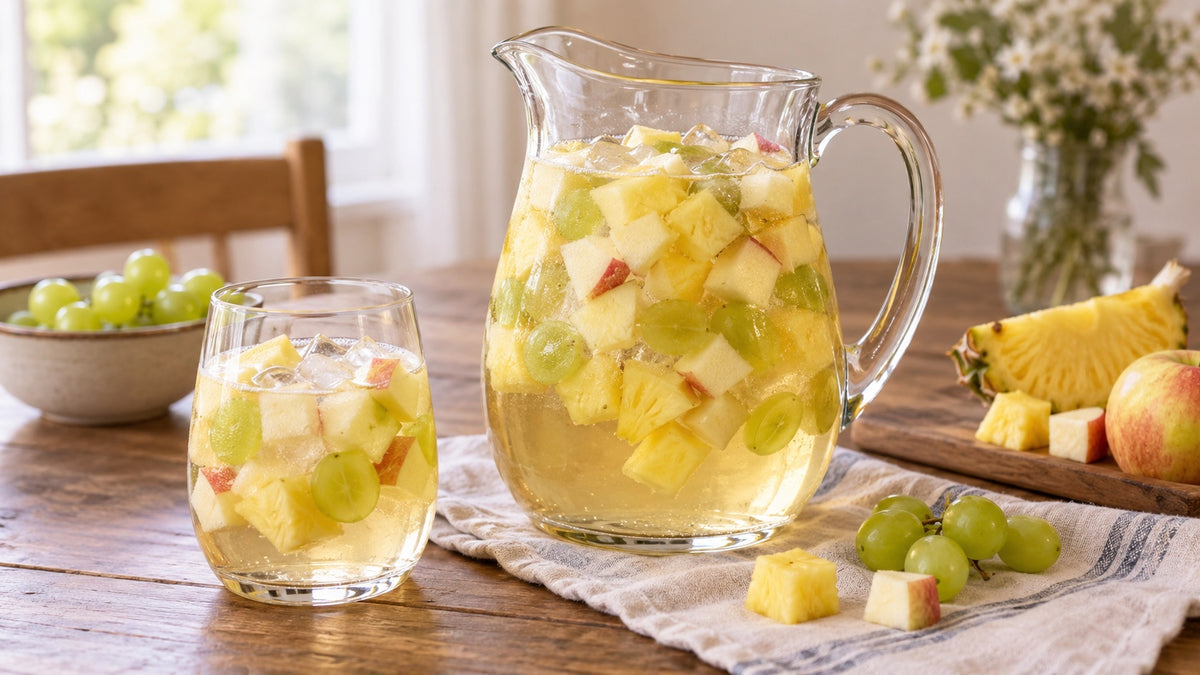 Clericó de vino blanco con piña, uvas y manzana, servido con hielo.