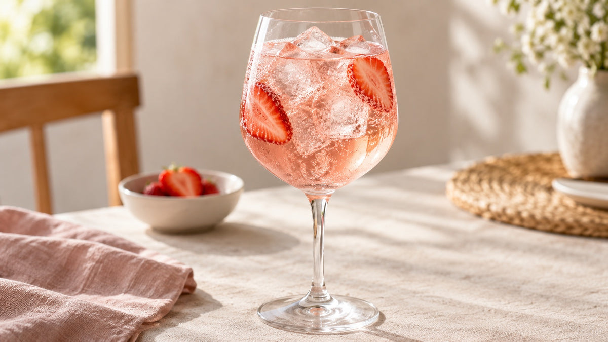 Spritz de vino rosado con soda, hielo y fresas cortadas en láminas.