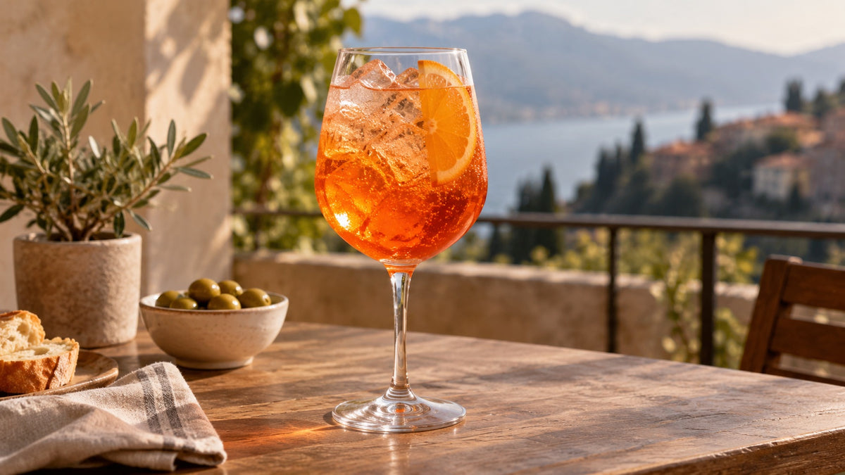 Aperol Spritz en copa de vino con hielo y una rodaja de naranja.