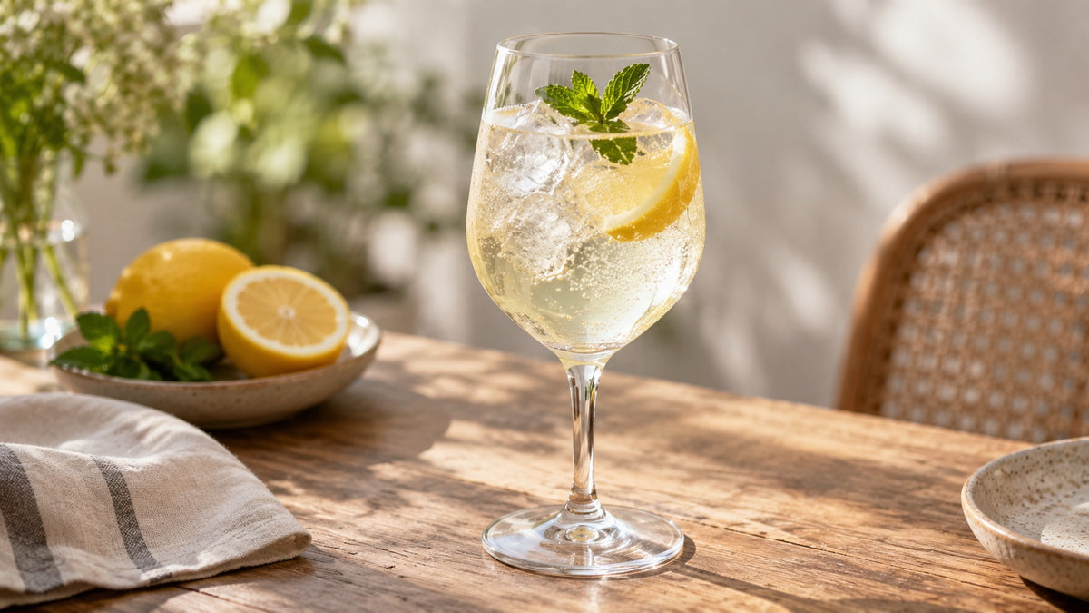 Hugo Spritz con hielo, hierbabuena y un gajo de limón.