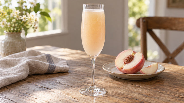Bellini de durazno blanco y Prosecco en copa flauta, sin hielo.