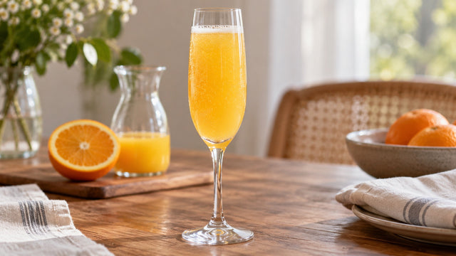 Mimosa de naranja y Prosecco en copa flauta, sin hielo.