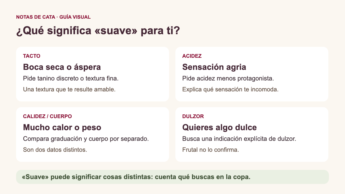Cuatro sensaciones para explicar qué entiendes por un vino suave: tacto, acidez, calidez o cuerpo, y dulzor.