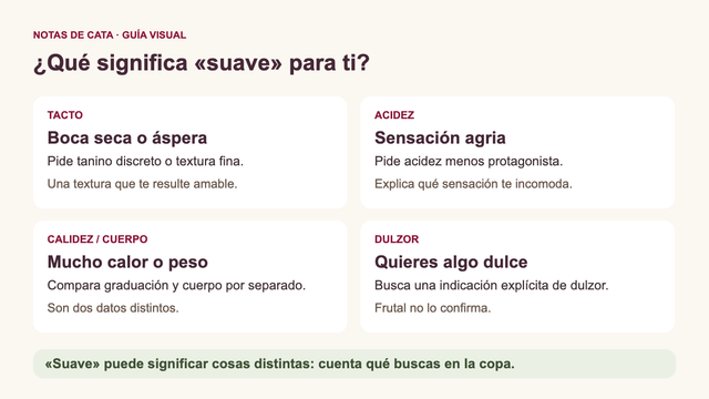 Cuatro sensaciones para explicar qué entiendes por un vino suave: tacto, acidez, calidez o cuerpo, y dulzor.