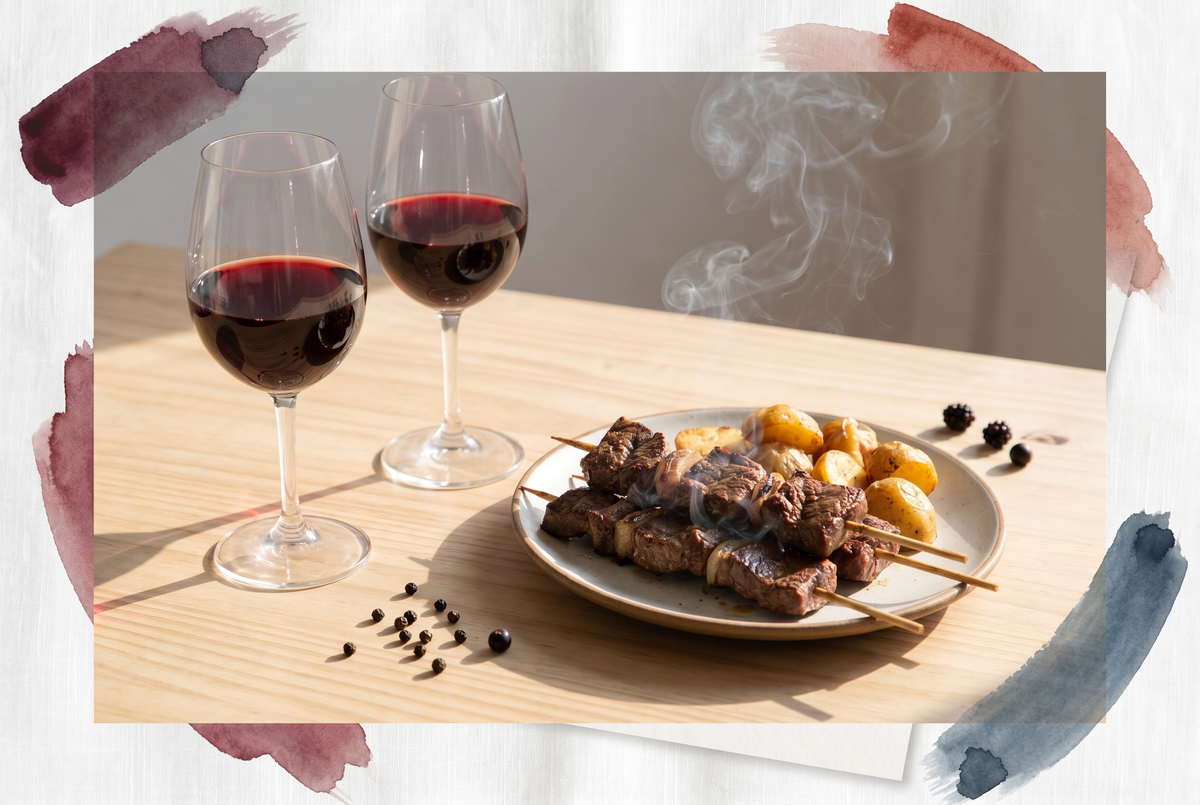 Copas de Syrah español junto a anticuchos a la brasa, pimienta negra y uvas oscuras