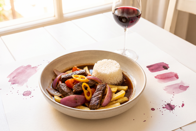 Lomo saltado peruano con carne dorada, cebolla roja, tomate, papas fritas y arroz blanco