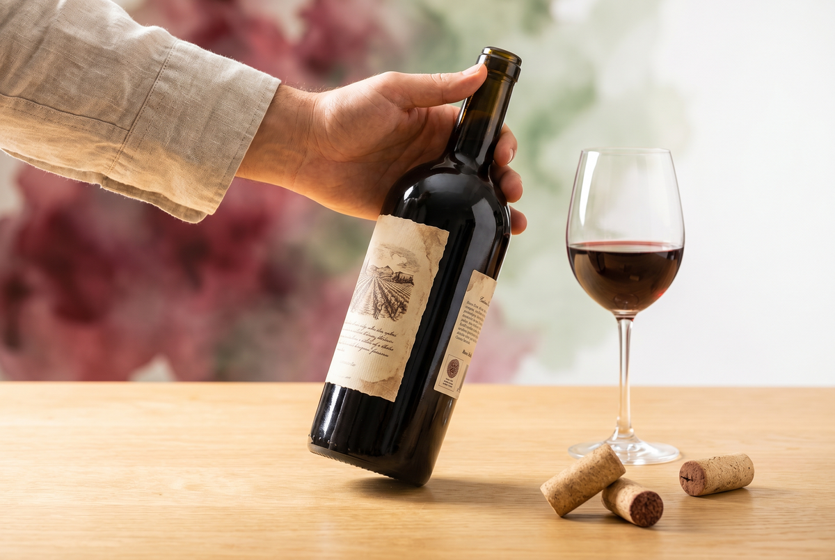 Mano sosteniendo una botella de vino tinto español mostrando la etiqueta con denominación de origen y añada, sobre una mesa luminosa