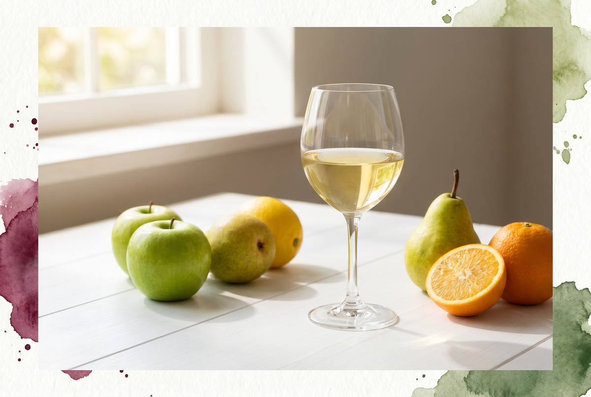 Copa de Chardonnay español blanco junto a manzanas verdes y cítricos en una mesa luminosa