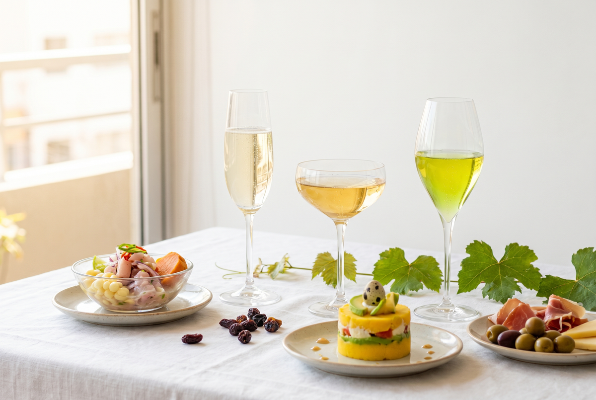 Tres copas de espumante Cava Champagne y Prosecco servidas con piqueos en una mesa luminosa