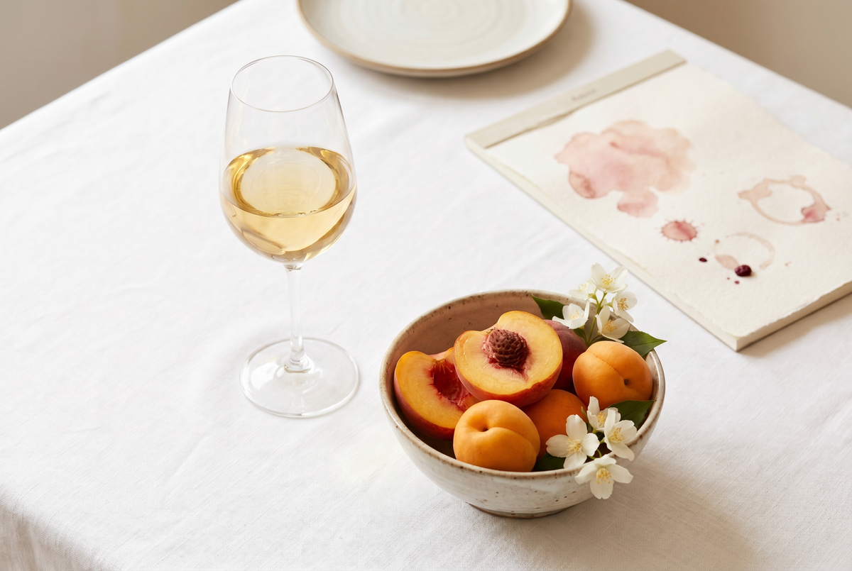 Copa de vino Viognier blanco junto a duraznos, damascos y flores blancas en una mesa luminosa