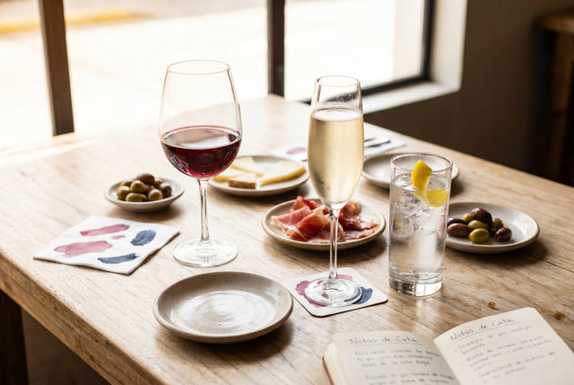 Mesa luminosa con copas de vino, gin tonic y aperitivos en un wine bar de Lima