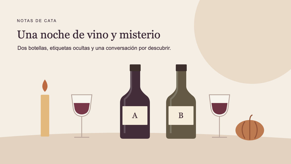 Ilustración de dos botellas con etiquetas A y B, dos copas y una vela junto a una pequeña calabaza; no representa una cata realizada.