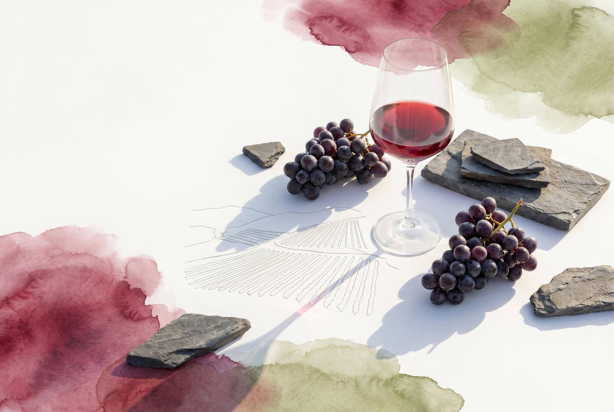 Copa de vino tinto Mencía junto a racimos y pizarra sobre una mesa luminosa inspirada en el Bierzo