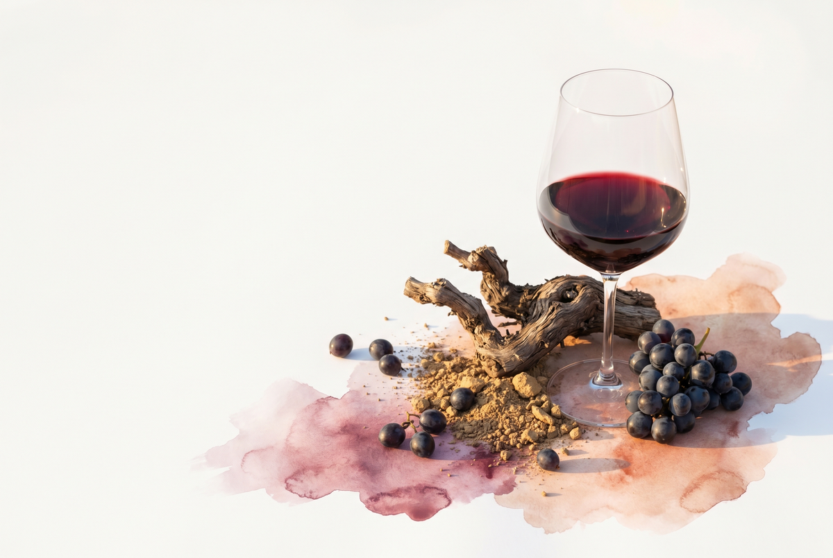 Copa de vino tinto de Toro junto a uvas oscuras y suelo de viñedo bajo luz cálida