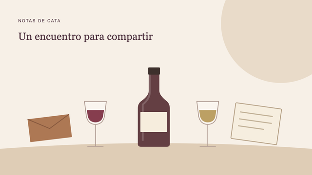 Ilustración de una mesa con vino, copas, una libreta y un sobre para planear un encuentro. No representa un evento realizado.