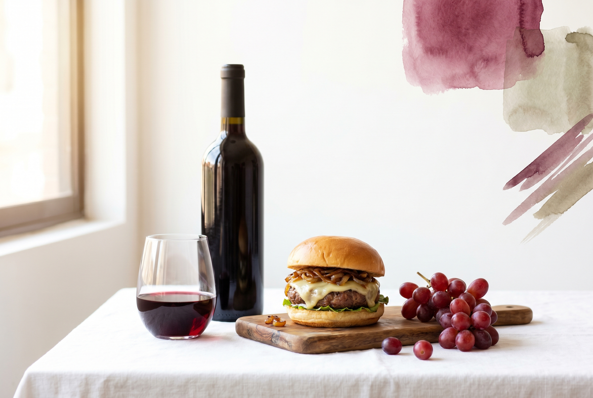 Hamburguesa jugosa con queso fundido junto a una copa de vino tinto bajo luz cálida y natural