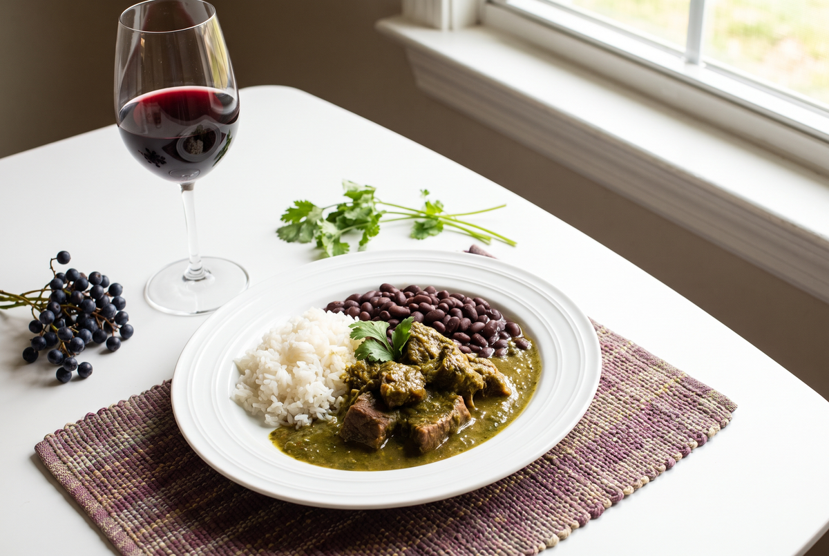 Seco de res peruano con papa amarilla, frejoles canarios, arroz blanco y copa de vino tinto