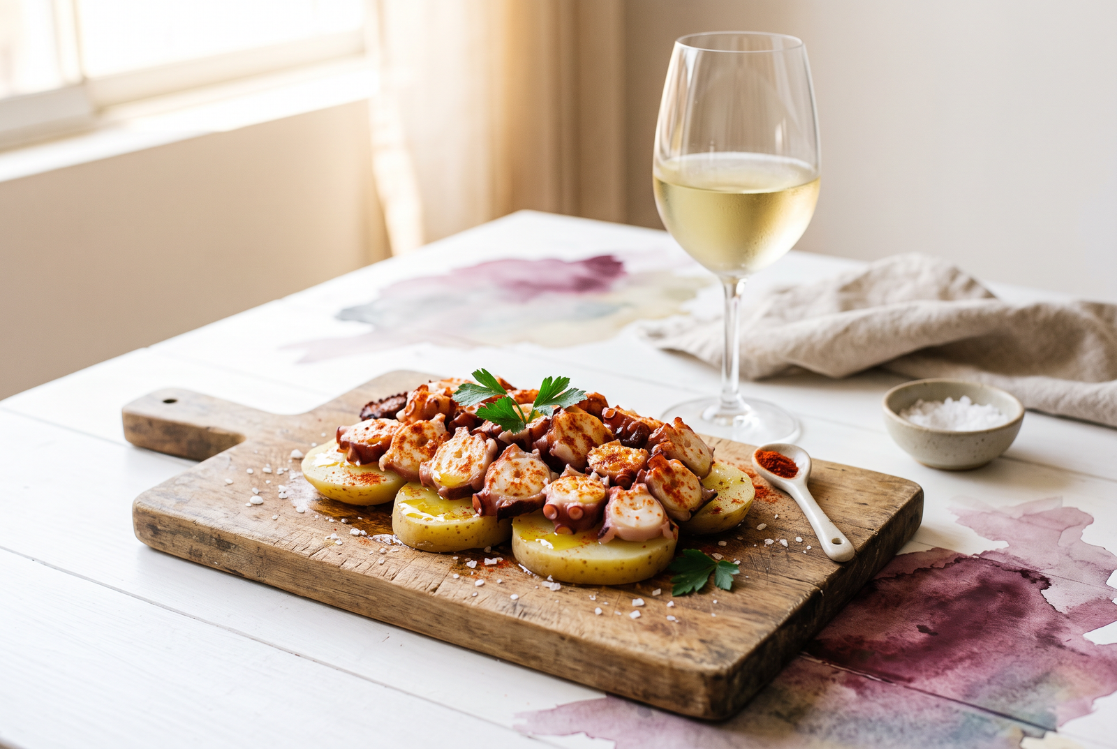 Pulpo a la gallega en rodajas con papa, pimentón y aceite de oliva sobre una mesa luminosa