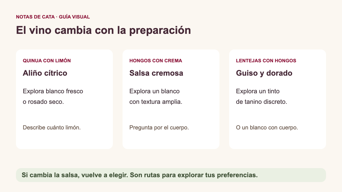 Tres propuestas: aliño cítrico con blanco fresco o rosado; salsa cremosa con blanco de volumen; guiso y hongos dorados con tinto de tanino discreto. Ajustar por plato y preferencias.