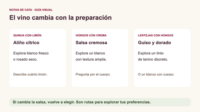 Tres propuestas: aliño cítrico con blanco fresco o rosado; salsa cremosa con blanco de volumen; guiso y hongos dorados con tinto de tanino discreto. Ajustar por plato y preferencias.