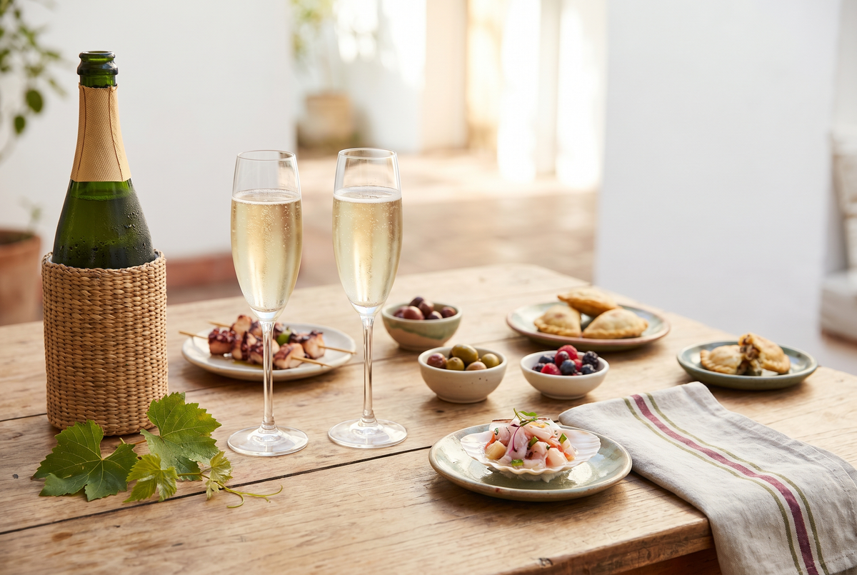 Copas de Cava español servidas junto a piqueos peruanos en una mesa luminosa de Lima