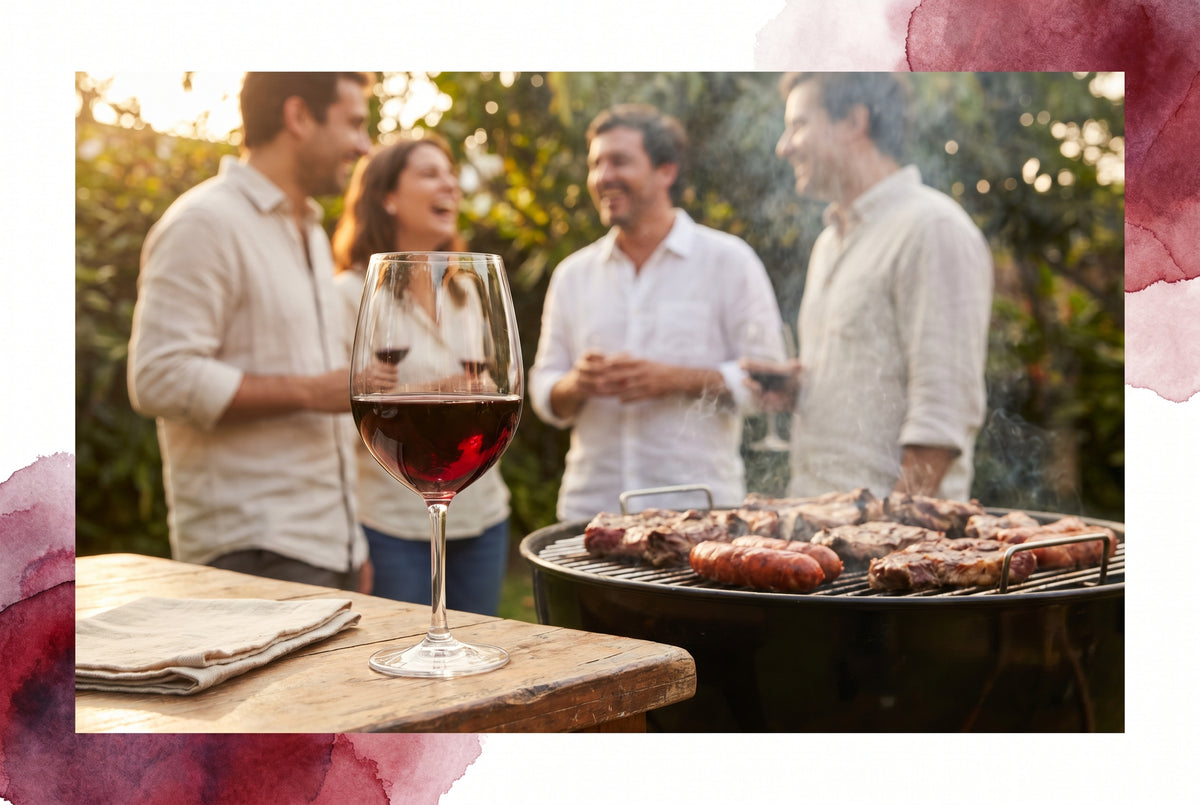 Copa de vino tinto junto a carnes a la parrilla con brasas y humo bajo luz cálida