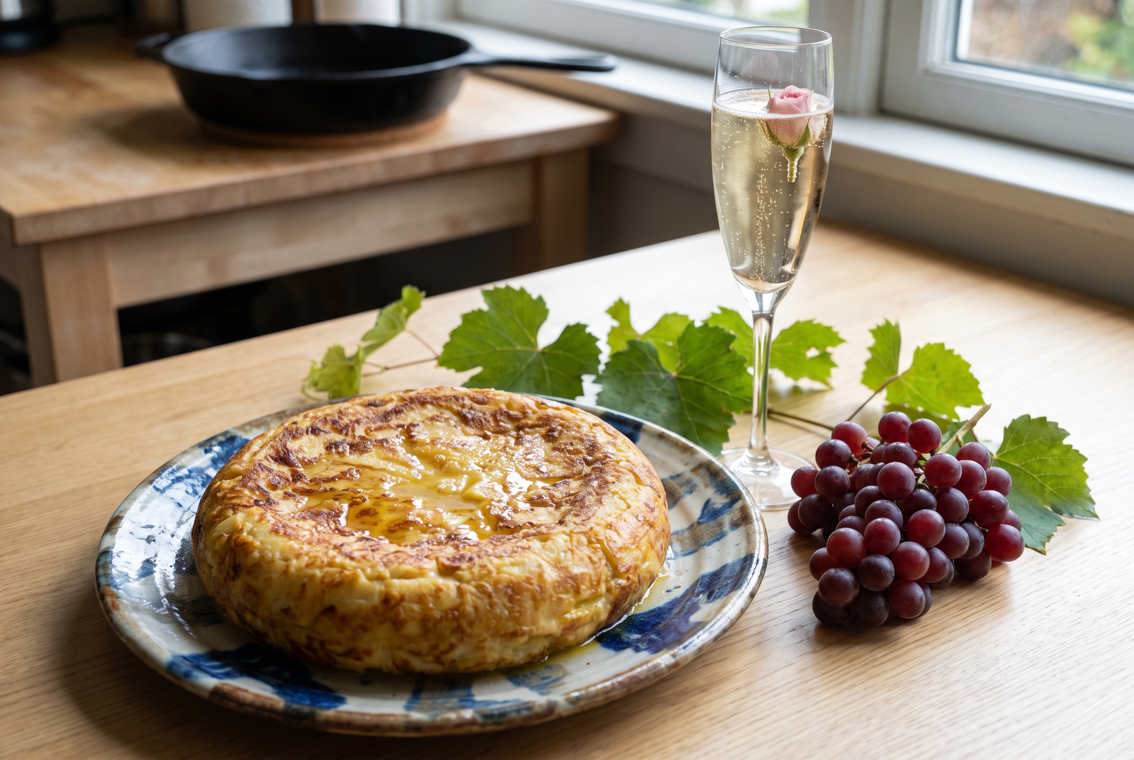 Tortilla española jugosa con papa peruana y cebolla servida en porciones sobre un plato claro