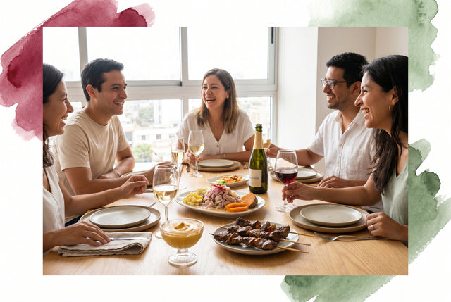 Mesa luminosa en Lima con cebiche, parrilla y postre acompañados de copas de vino blanco, tinto y espumoso