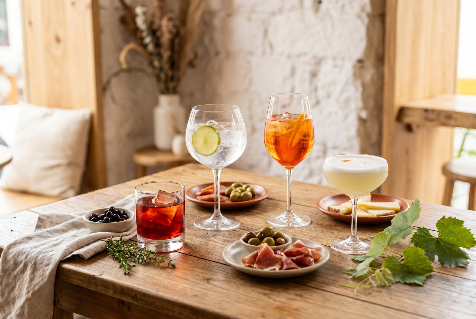 Cuatro cócteles clásicos en una barra luminosa: Negroni, gin tonic, spritz y pisco sour con tapas al centro