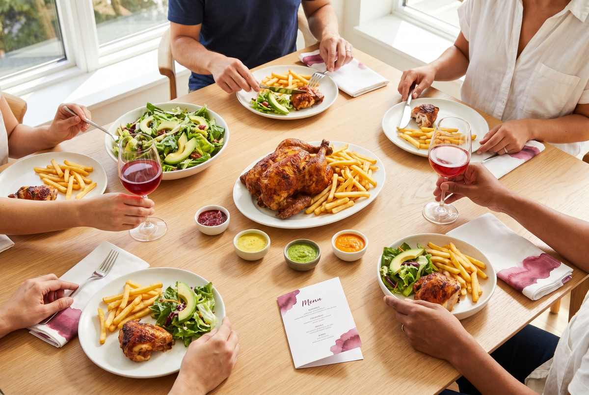 Pollo a la brasa peruano con papas, salsas y copas de vino rosado y Mencía en una mesa luminosa