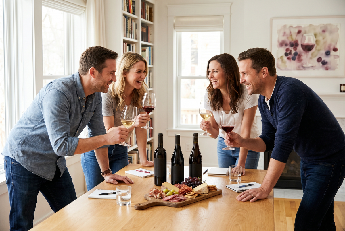 Cuatro amigos de 30 a 45 años brindando con copas de vino tinto y blanco alrededor de una mesa con tabla de quesos y tres botellas, luz cálida natural