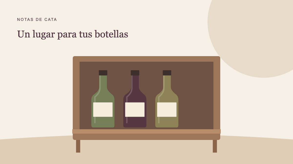Ilustración de botellas guardadas en un mueble interior. No representa una medición ni un equipo de temperatura controlada.