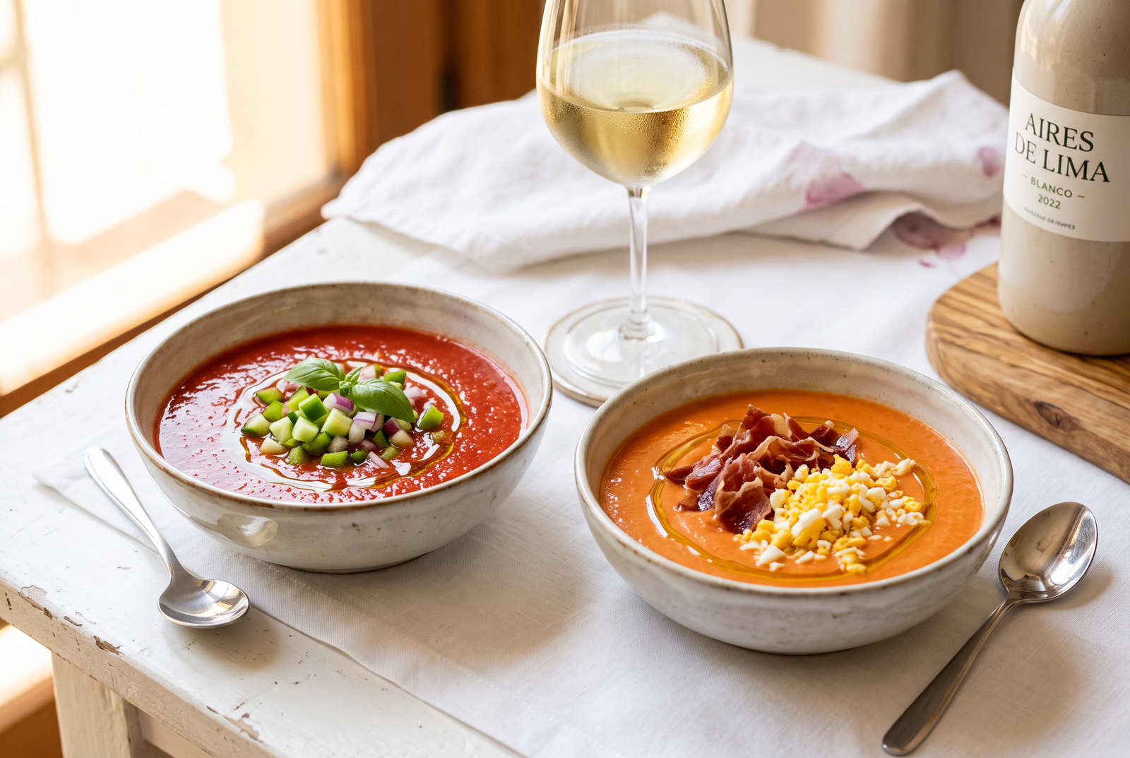 Gazpacho y salmorejo servidos fríos con picadillo, jamón y huevo duro