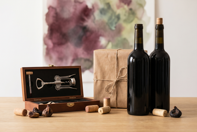 Mesa luminosa con botellas de vino tinto, un pack de regalo y un set de accesorios listos para regalar