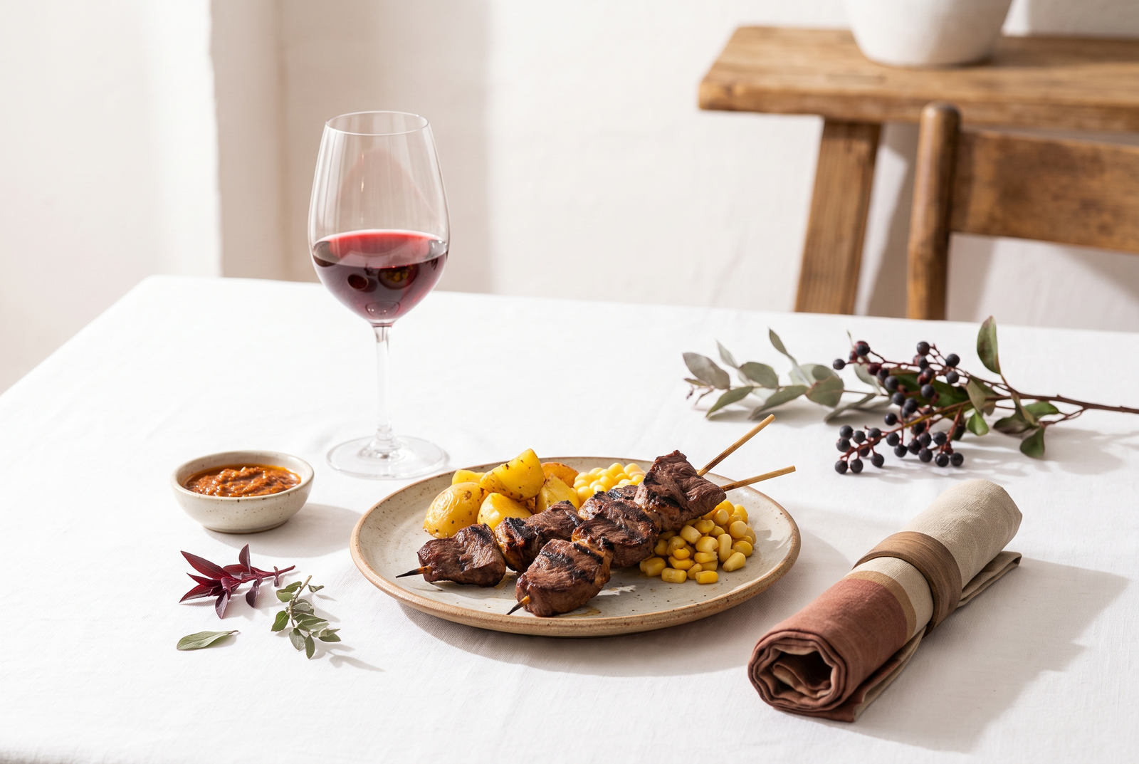 Anticuchos de corazón a la brasa con papa dorada, choclo y crema de ají