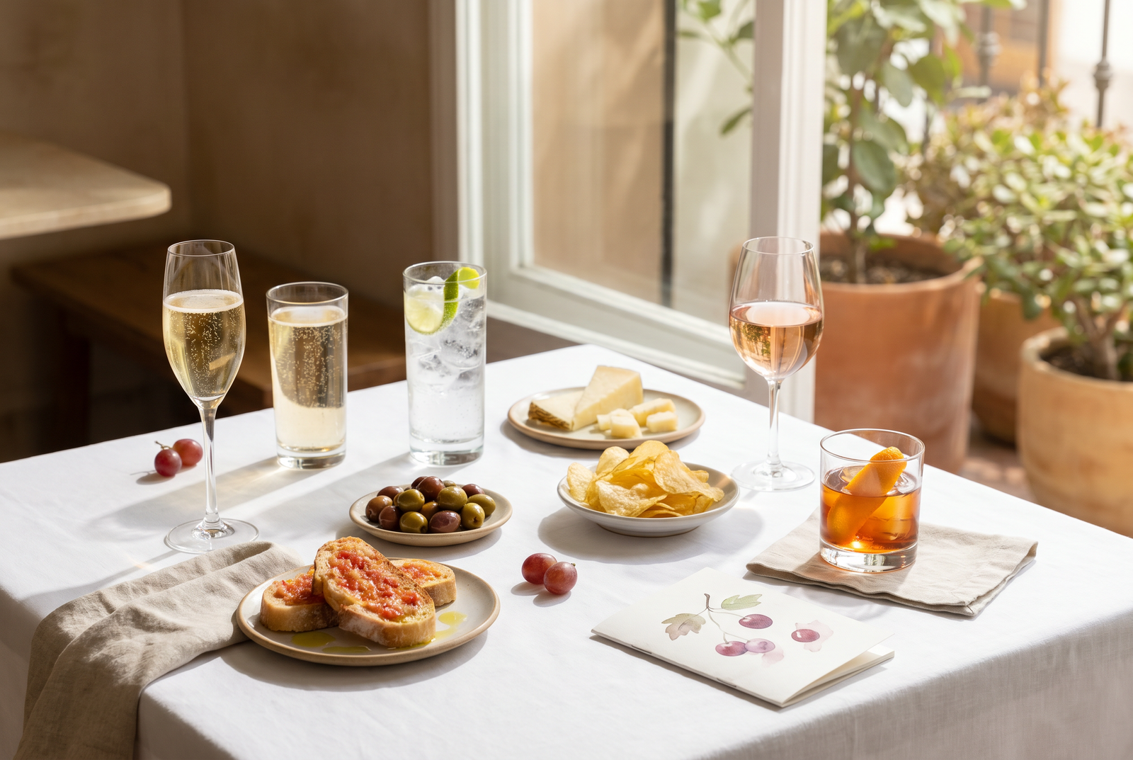 Mesa de aperitivo con copas de Cava, gin tonic suave, rosado y tapas en Lima