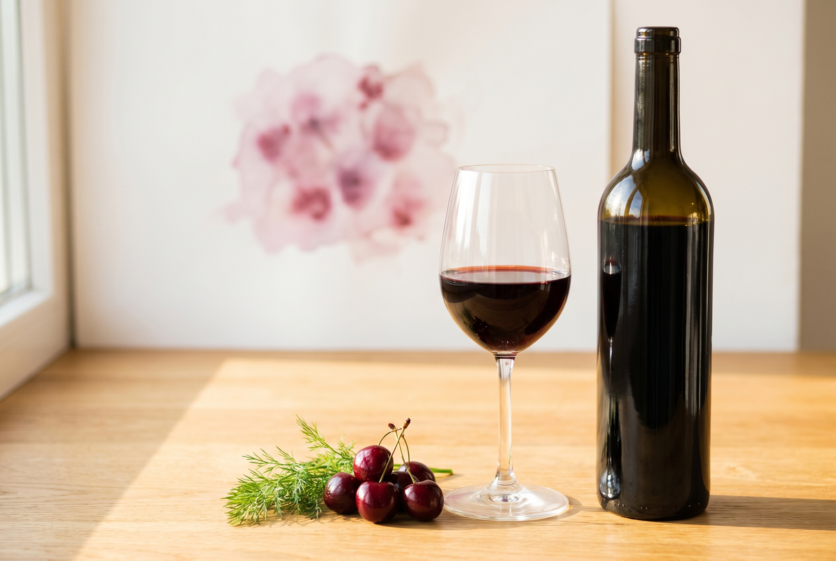 Copa de vino tinto Tempranillo junto a una botella española sobre mesa de madera con luz cálida natural