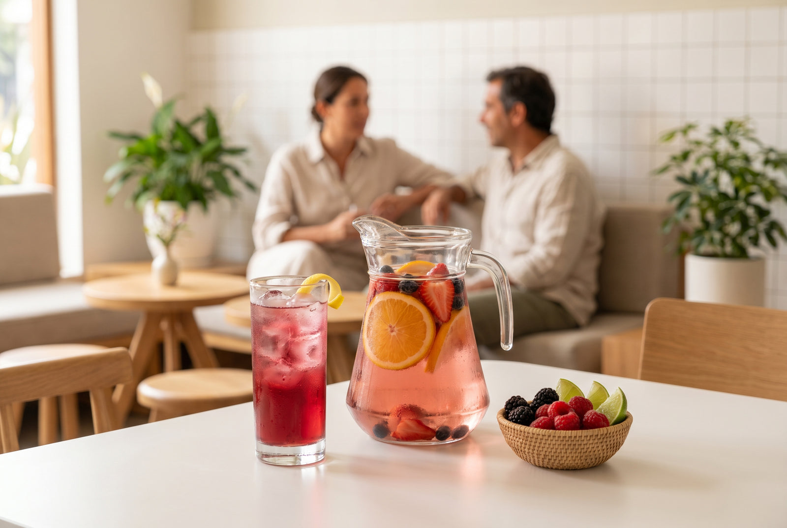 Jarra de sangría rosada, tinto de verano y copas con fruta fresca en una mesa luminosa de Lima