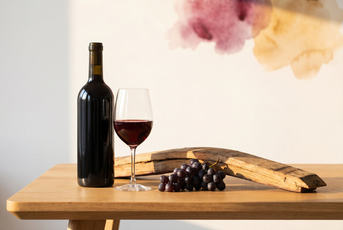 Botella de vino tinto sin etiqueta junto a barrica de roble y monedas, sobre mesa luminosa, ilustrando el desglose del costo de una botella