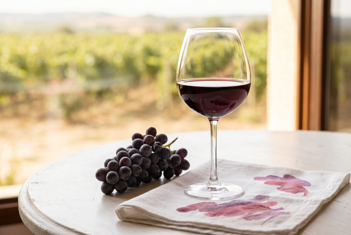 Copa de tinto Rioja sobre mesa luminosa junto a racimo de uva Graciano y vinedos riojanos al fondo