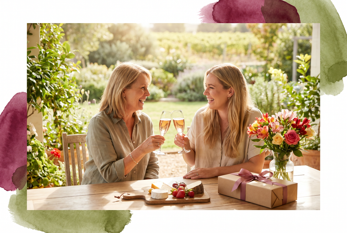 Madre e hija brindando con copas de Cava rosado en un brunch luminoso en casa, mesa con quesos y flores, ambiente cálido y relajado en Lima