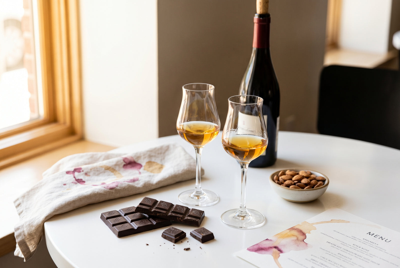 Copas pequenas de brandy y cognac junto a chocolate bitter, frutos secos y una botella de vino en una sobremesa luminosa