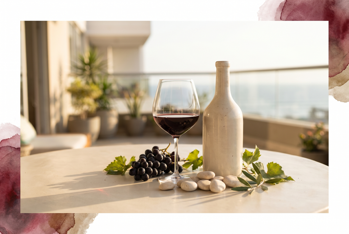 Botella y copa de vino tinto Ribera del Duero junto a uvas Tempranillo sobre una mesa luminosa