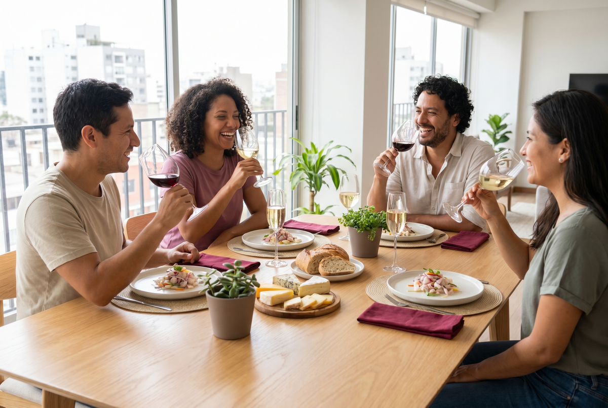 Amigos en Lima compartiendo vino en una mesa luminosa con copas, pan, quesos y platos peruanos