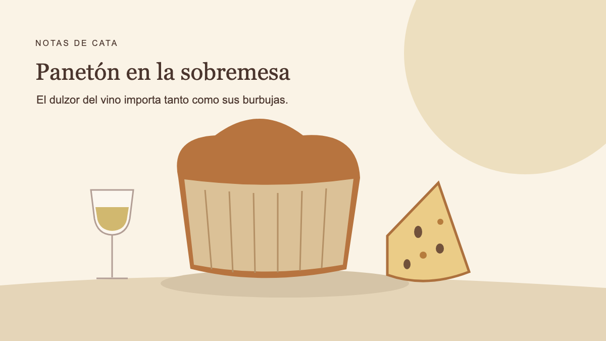Ilustración de un panetón con fruta, una tajada servida y una copa de espumante. No muestra marcas ni una combinación probada.