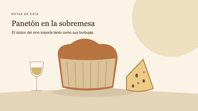 Ilustración de un panetón con fruta, una tajada servida y una copa de espumante. No muestra marcas ni una combinación probada.