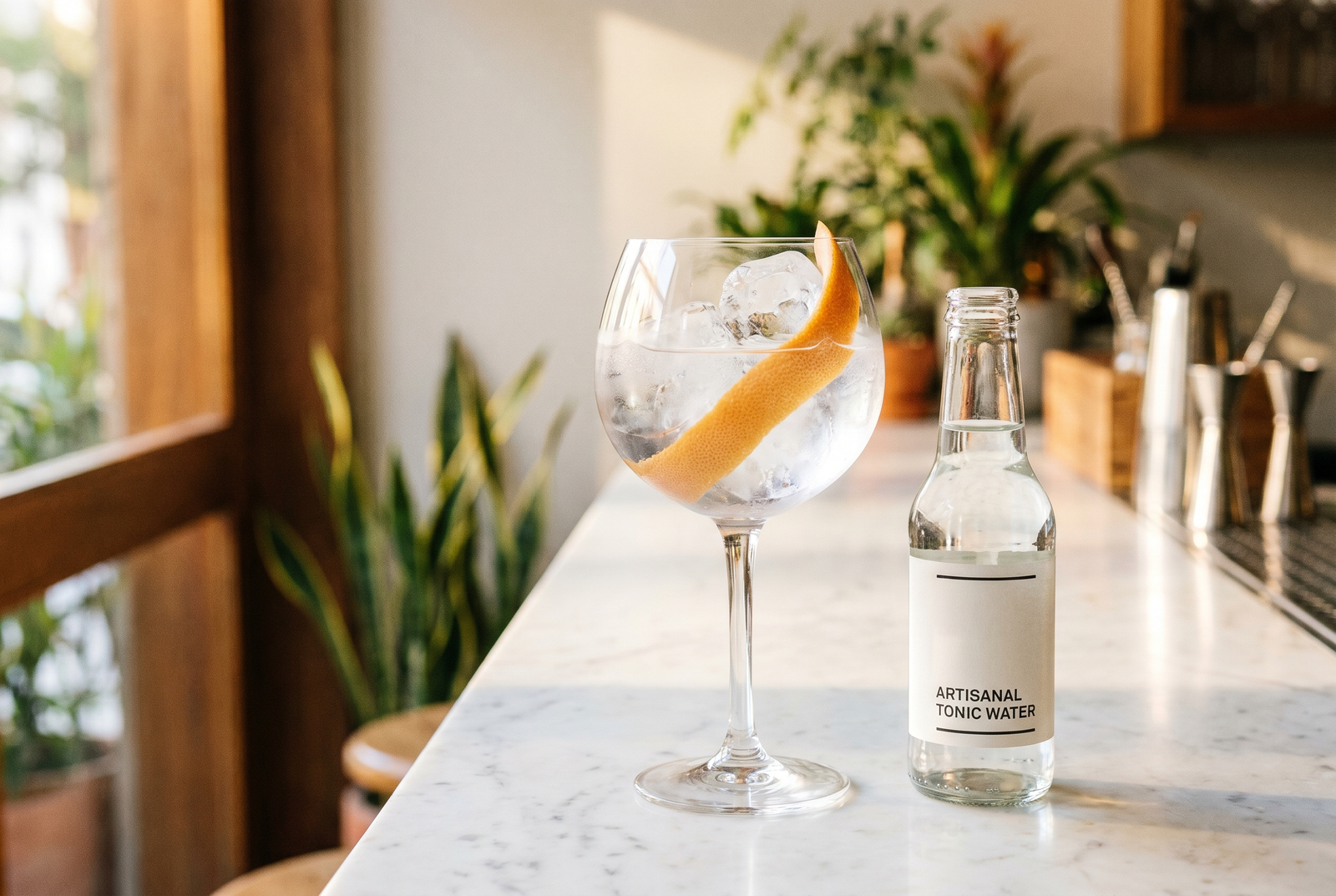 Gin tonic en copa balón con hielo grande, piel de cítrico y tónica fría sobre una barra luminosa